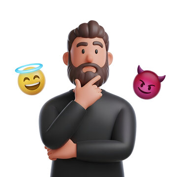 Man with beard thinking with angel and devil emojis floating on sides isolated on white background 3D