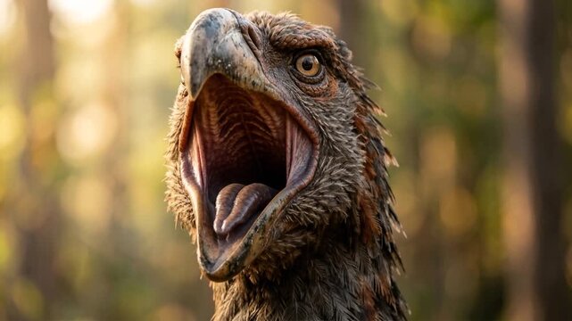 gastornis prehistoric bird angry close up in ancient eocene forest video