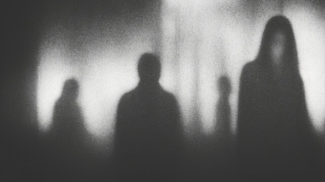 Blurred Ghostly Figures Emerging from Darkness in Monochrome Horror Scene