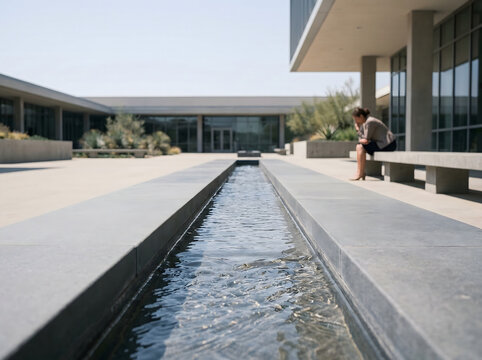 Canal de agua moderno en el patio de un edificio de oficinas con mujer de negocios desenfocada al fondo