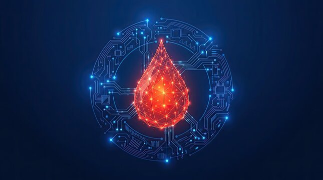 Polygonal red drop centered within digital circuitry network on dark blue background abstract technology concept with surrounded glowing blue digital circuit board pattern against deep blue backdrop