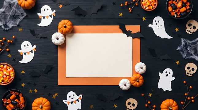 Happy Halloween Background with Spooky Decorations, Bats, Ghosts and Copy Space