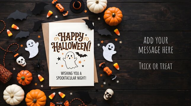 Happy Halloween Background with Spooky Decorations, Bats, Ghosts and Copy Space