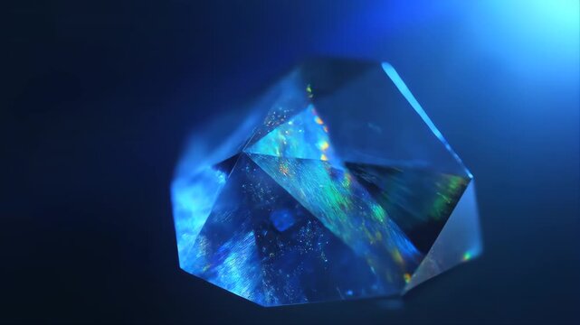 Crystal with Vibrant Blue and Rainbow Reflections in Cinematic Lighting Featuring Gemstone, Transparent, Shiny with Glossy and Sparkling Elements
