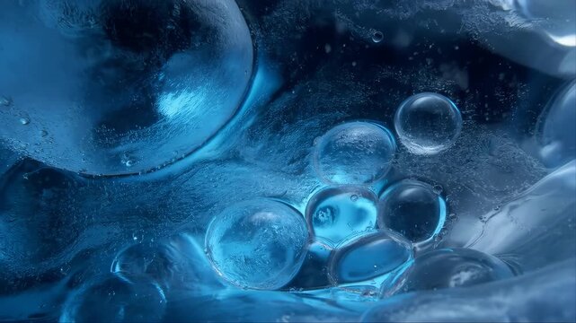 Methane Bubbles Macro View with Icy Blue Frozen Ice Spheres and Swirling Liquid Texture in Cinematic Underwater Style