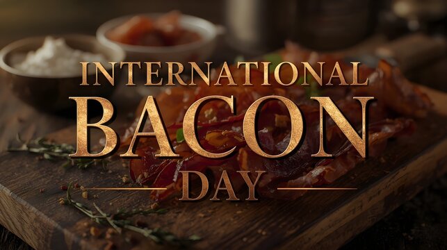 International Bacon Day Banner with Crispy Strips on Wooden Board and Golden Typography