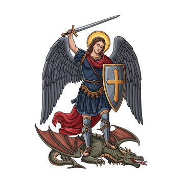 Archangel Michael Defeating Dragon with Sword and Shield.