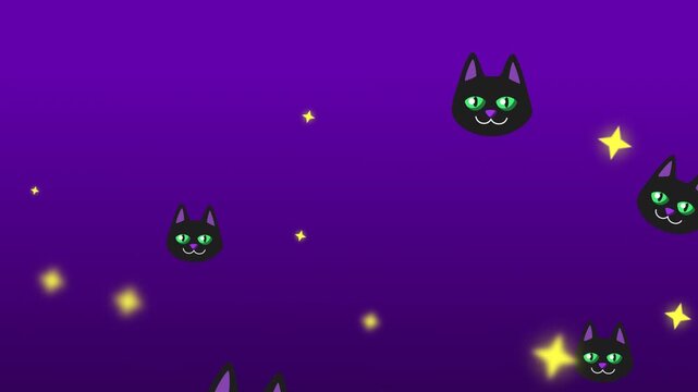 Cute Halloween Black Cat Pattern Background with Glowing Stars, Animated Floating Magic Black Cats in Purple Night Sky 4K 60fps Video Animation