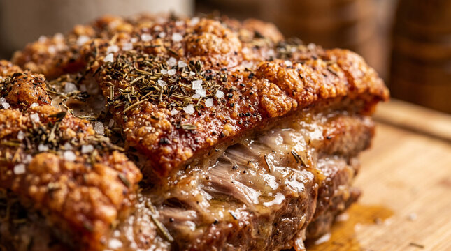 Close up of roasted pork belly with crispy golden crackling.