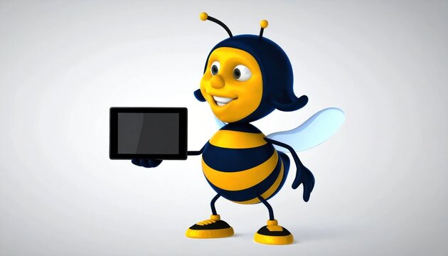 Happy bee cartoon character holding television.