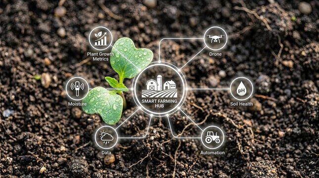 Futuristic smart farming hub concept with growing seedling and technology icons representing drone automation data soil health with depicts young plant sprouting soil soil surrounded interconnected