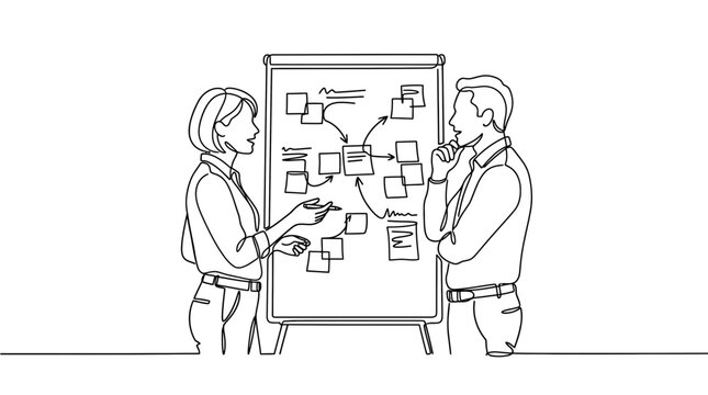 Continuous line art of business team brainstorming at office whiteboard