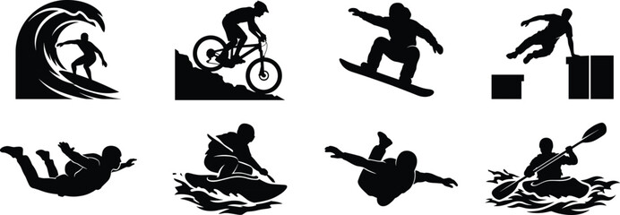 Obraz premium Extreme Adventure Sports Silhouette Collection with Surfing Snowboarding Cycling Kayaking and Parkour Vector Set