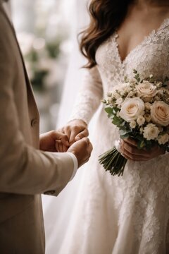 Romantic wedding couple holding hands