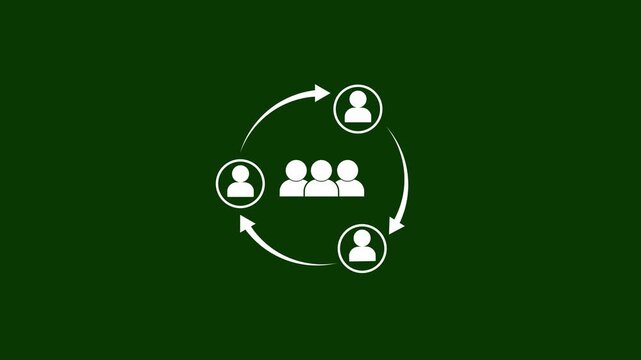 Minimalist human resources lifecycle icon animation with white user avatar symbols and circular rotation arrows representing team collaboration, corporate management networking, with 4k video.