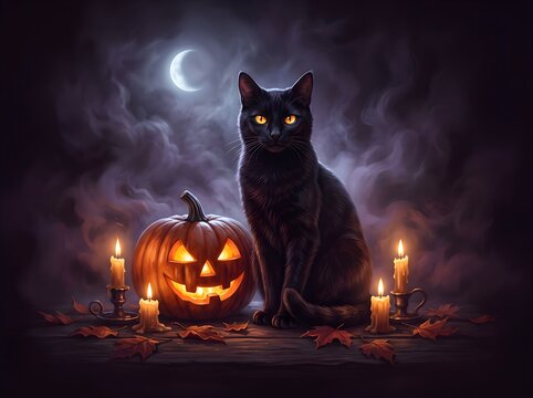 Elegant Black Cat with Glowing Jack O Lantern Halloween Background and Cinematic Moonlight