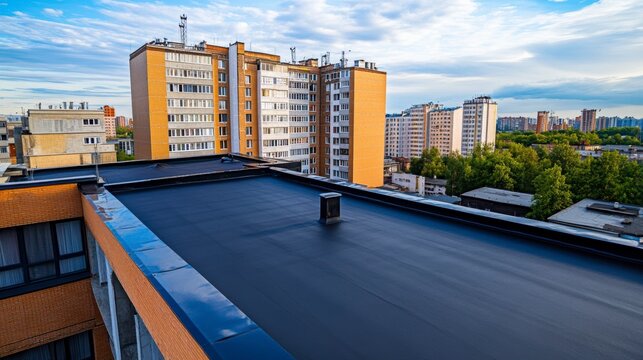 Flat rooftop view of city buildings, residential apartments under blue sky.