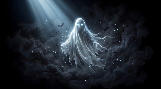 Cinematic Glowing Halloween Ghost with Blue Eyes, Dark Mist, Flying Bats and Fantasy Night Background