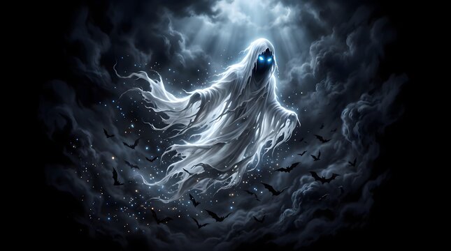 Cinematic Glowing Halloween Ghost with Blue Eyes, Dark Mist, Flying Bats and Fantasy Night Background