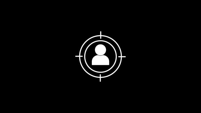 white target audience icon animation with user profile avatar inside crosshair representing customer targeting strategy, human resources headhunting recruitment, and business marketing goal.