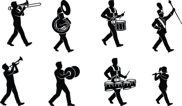 Marching band silhouettes set featuring musicians playing brass wind and percussion instruments in parade