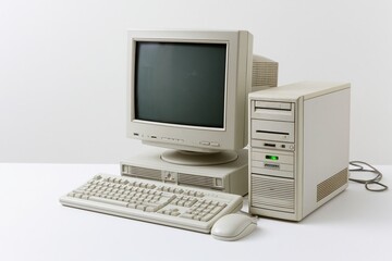 Fototapeta premium The vintage computer setup featuring CRT monitor, beige tower, keyboard and mouse
