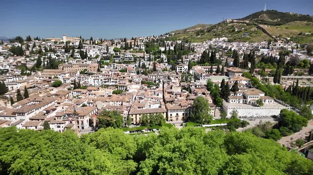 Panoramic view from the Alcazaba towards the Albaicin, the oldest Arab district of Granada in Spain, located on a hill opposite the Alhambra, Granada, Andalusia, Spain.
