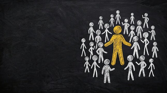 Unique golden leader figure standing out among white stick figures drawn on a chalkboard symbolizing success individuality with one figure highlighted gold representing leadership distinction yellow