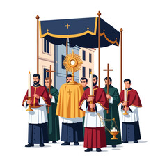 Religious procession with clergy and sacred monstrance under canopy. © Liriyati