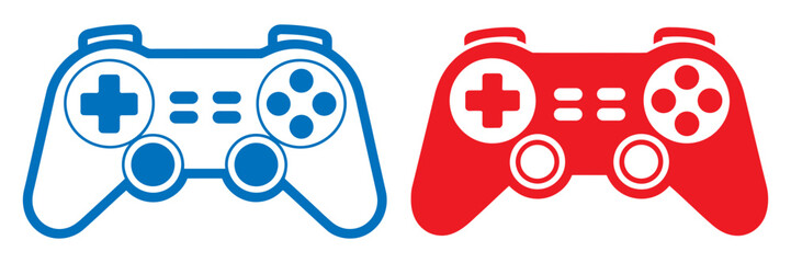 Two game controllers one blue and one red on a white background symbolizing competition and gaming © Oishi