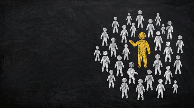 Chalk drawing of stick figures on blackboard one yellow figure leading the group business concept leadership team work management brainstorming ideas communication education teaching with presentation
