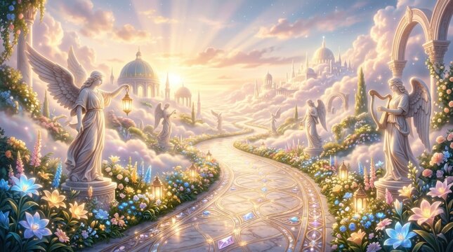 Heavenly Celestial City with Angels and Flowing River of Light.