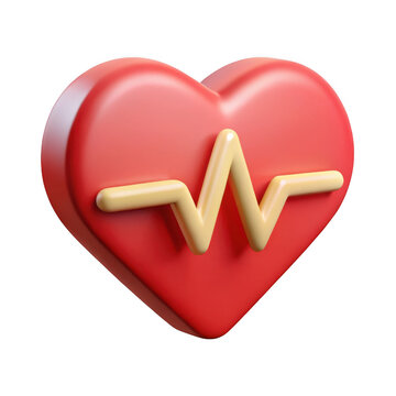 Red heart with cardiogram pulse wave in soft lighting representing health and wellness 3D rendered icon isolated on transparent background