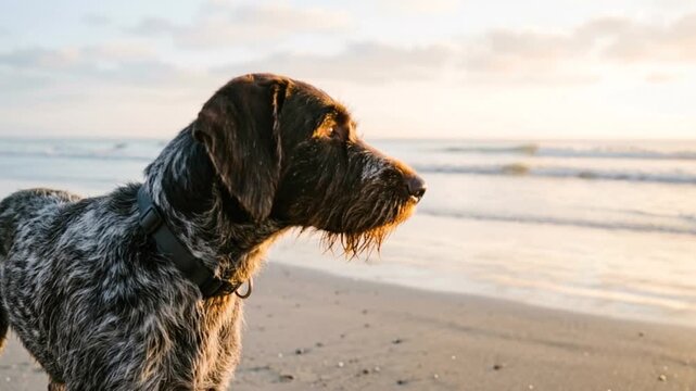 german wirehaired pointer close up on german coast beach morning light video