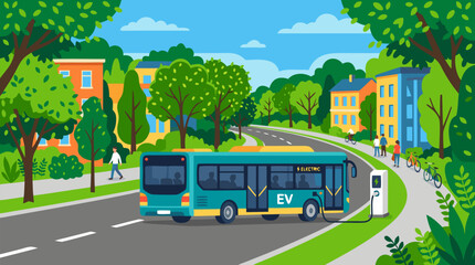 Obraz premium Modern electric bus traveling through vibrant green urban neighborhood with charging infrastructure and sustainable public transportation system in eco-friendly city environment vector illustration