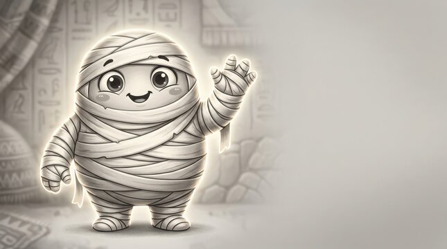 Cute cartoon mummy character happily waving, ancient egyptian hieroglyphs on sepia toned background.