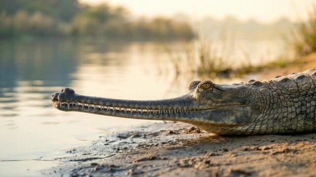 gharial close up in chambal river india morning light video