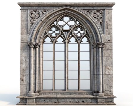 Ornate gothic stone window with pointed arch, carved details and tall glass panes, isolated on white background. classic architectural element for design and heritage themes.