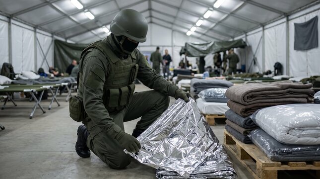 Soldier in a temporary shelter prepares emergency thermal blankets, highlighting readiness and humanitarian support in a critical situation or disaster relief operation