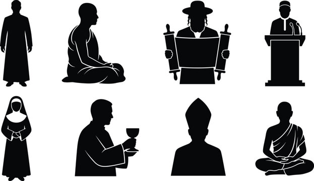 Religious leaders and preachers silhouette set featuring diverse clergy monks priest nun and rabbi vectors