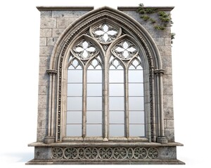 Obraz premium Front view of an old gothic stone window with pointed arches, carved details and light ivy, isolated on a white background.