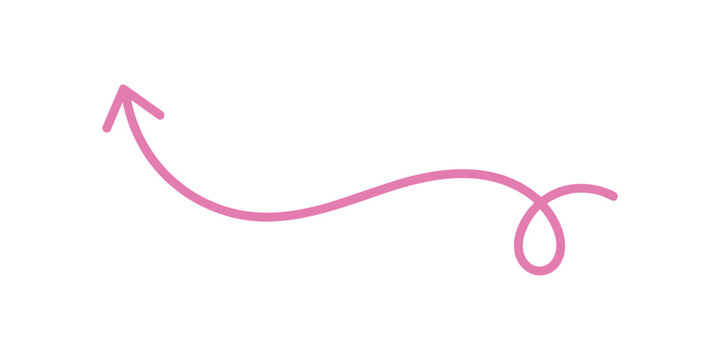 Hand drawn pink curly arrow pointing up and left