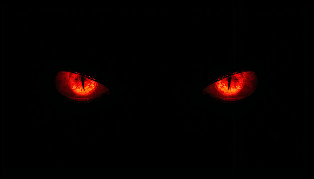 Glowing red eyes of a monster in the dark illustration