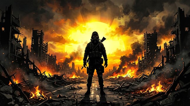 Dramatic digital art illustration of a lone survivor in tactical gear and gas mask standing amidst ruins of destroyed city with burning debris with ruins under apocalyptic lone figure protective war