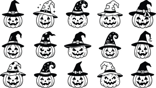 Halloween pumpkin jack o lantern vector collection set featuring spooky carved faces wearing textured witch hats isolated on a white background