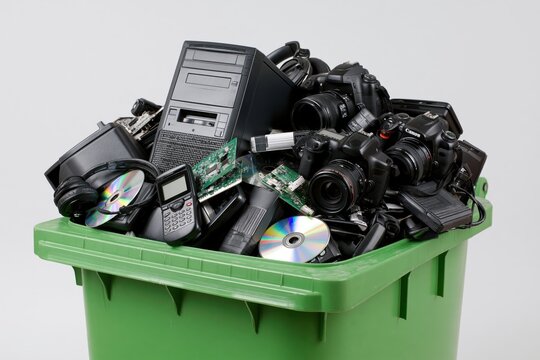 The Electronic Waste Pile Crowding a Bright Green Recycling Bin