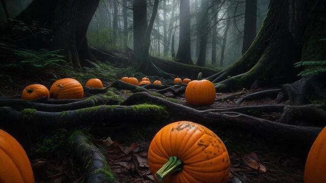 Vibrant orange pumpkins scattered through a dark, mossy forest with ancient tree roots, perfect for autumn and Halloween