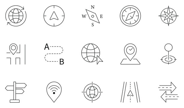 Collection of navigation icon in line style. Navigation adventure vacation planning landmarks and global exploration symbols. Navigation icons provide essential map symbol and location markers. Vector