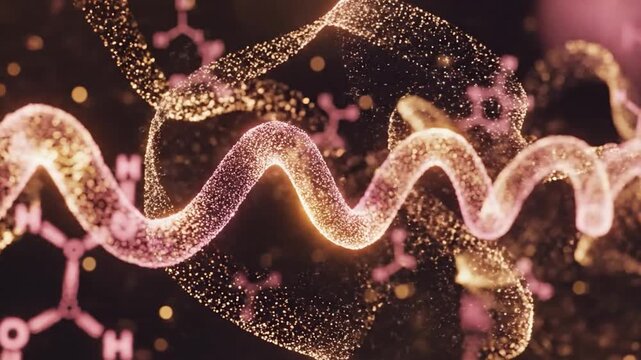 Abstract oxytocin molecule visualization with glowing chemical bonds and golden particle spirals