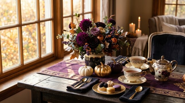 Elegant autumn table setting with dark purple floral arrangement golden pumpkins tea service and fancy sweet pastries.